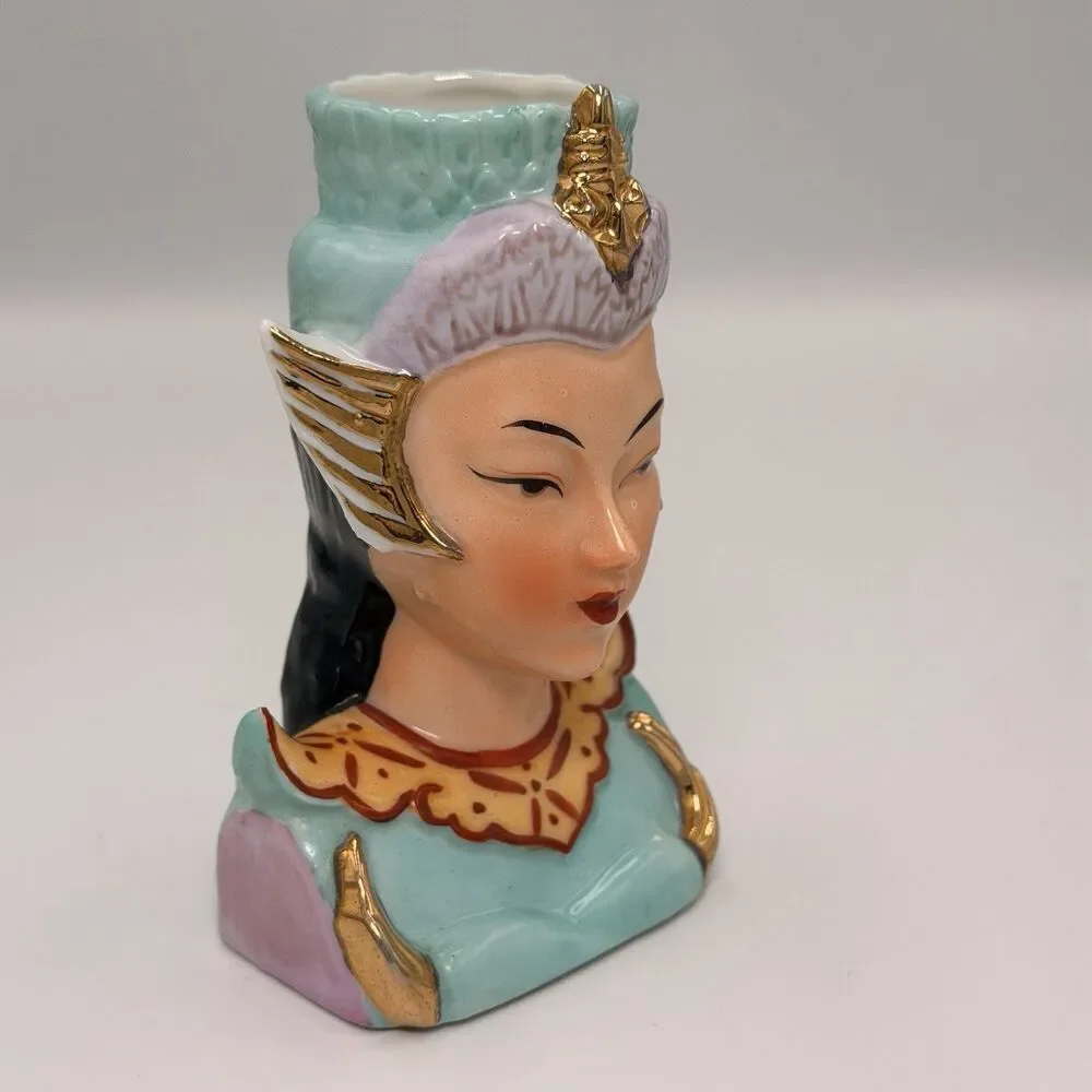 Vintage Asian Lady Head Mini Vase Celadon Jade Gold Japan Mid Century Japan 1950